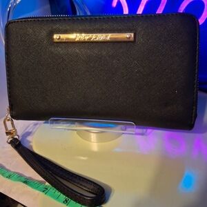 Betsey Johnson Long Black Wallet Wristlet with Gold Accents Preloved